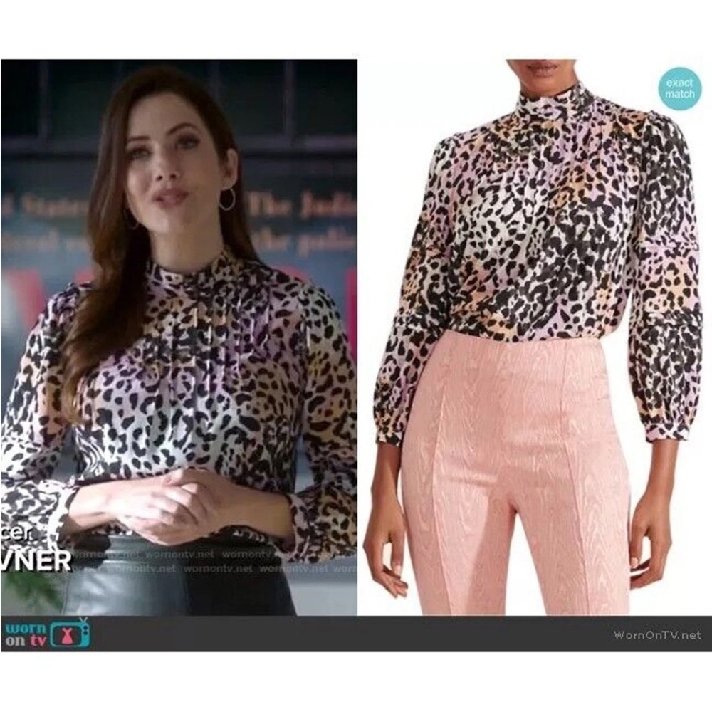 Lety Leopard Print Mock Neck Puff-Sleeve Top - Pink/Black Silk Blend